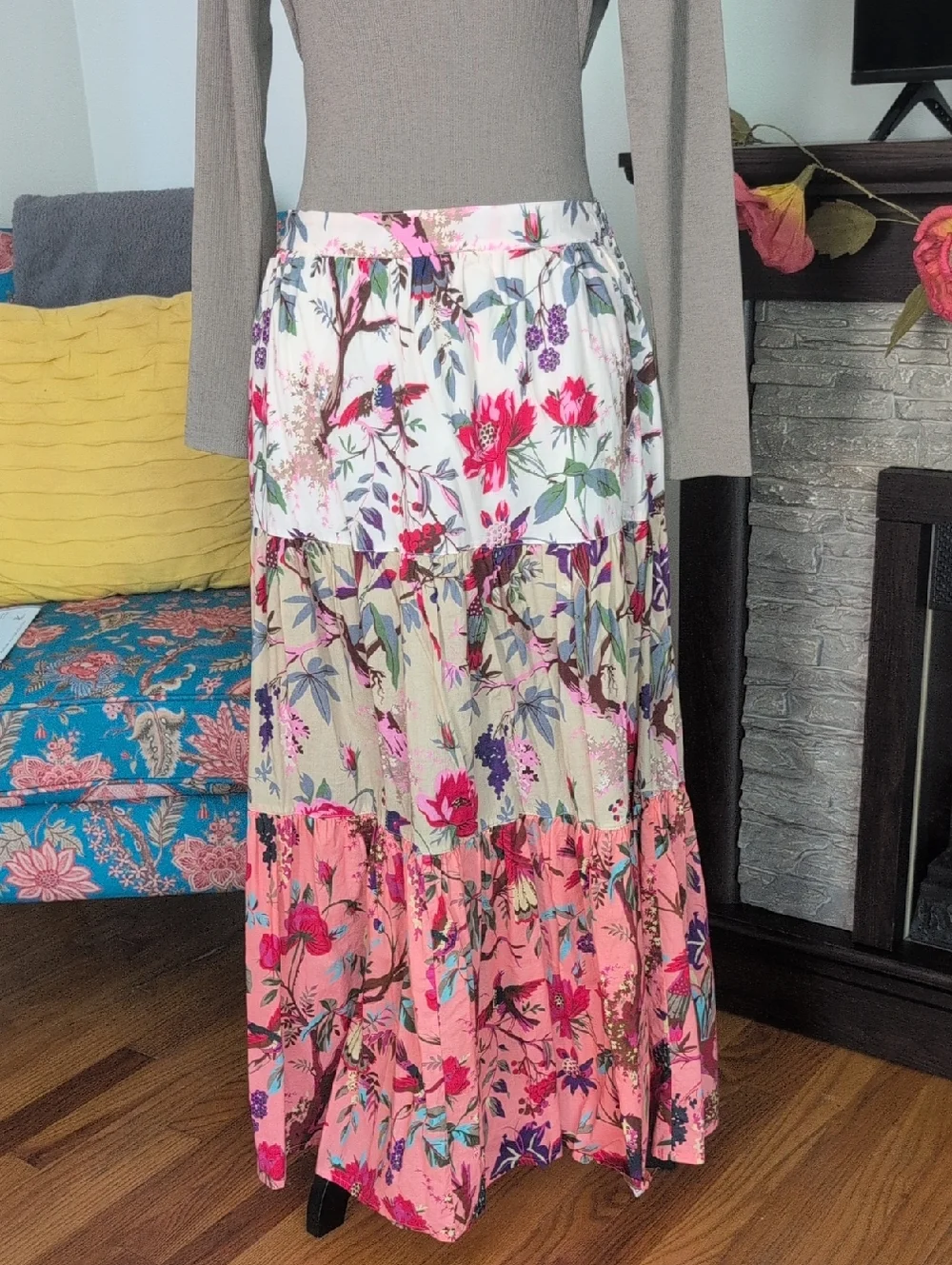dylan Floral Tiered Maxi Skirt in White, Pink & Cream